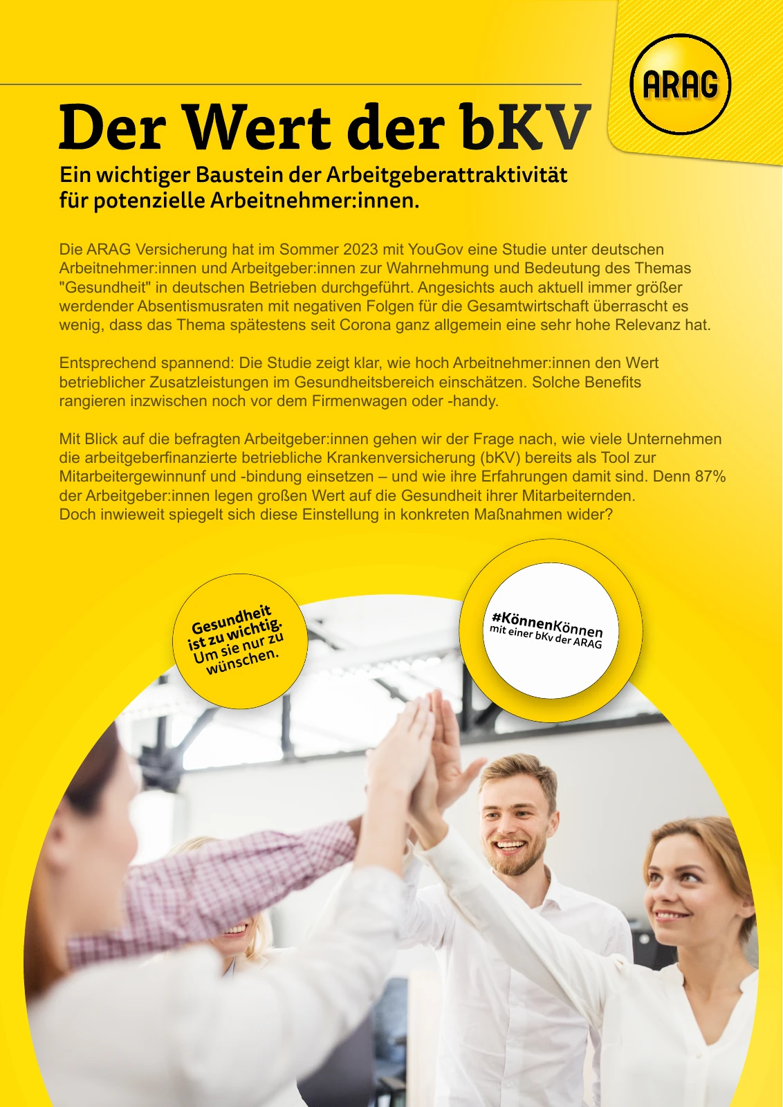 Gestaltetes ARAG-Whitepaper Der Wert der bKV mit gelbem Markenauftritt und Teamfoto