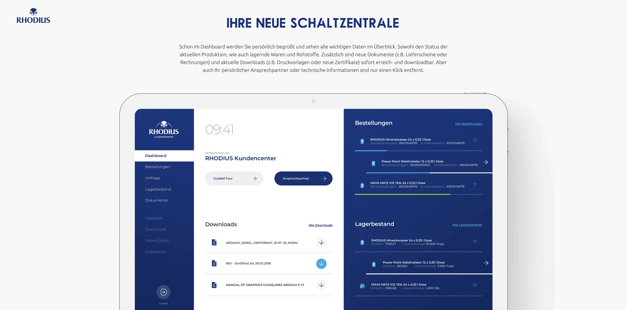 RHODIUS Kundencenter auf einem Tablet mit Übersicht über Aufträge und Informationen